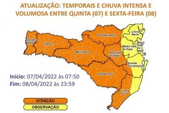  Defesa Civil alerta para temporais e chuva intensa em toda Santa Catarina